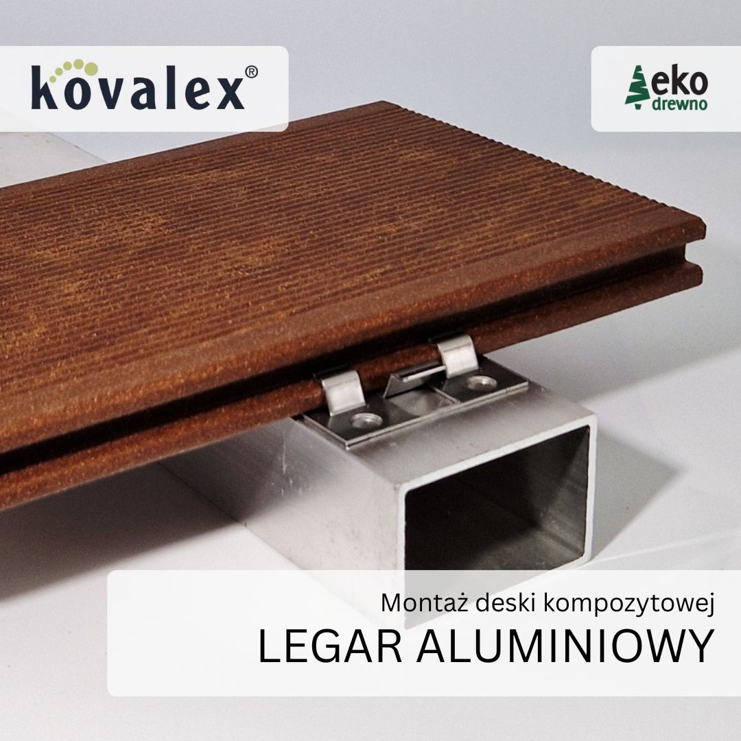 Montaż deski tarasowej kompozytowej WPC - legar aluminiowy 40x60 mm. Wysokość całej zabudowy mininum 58 mm. KOVALEX. EKODREWNO