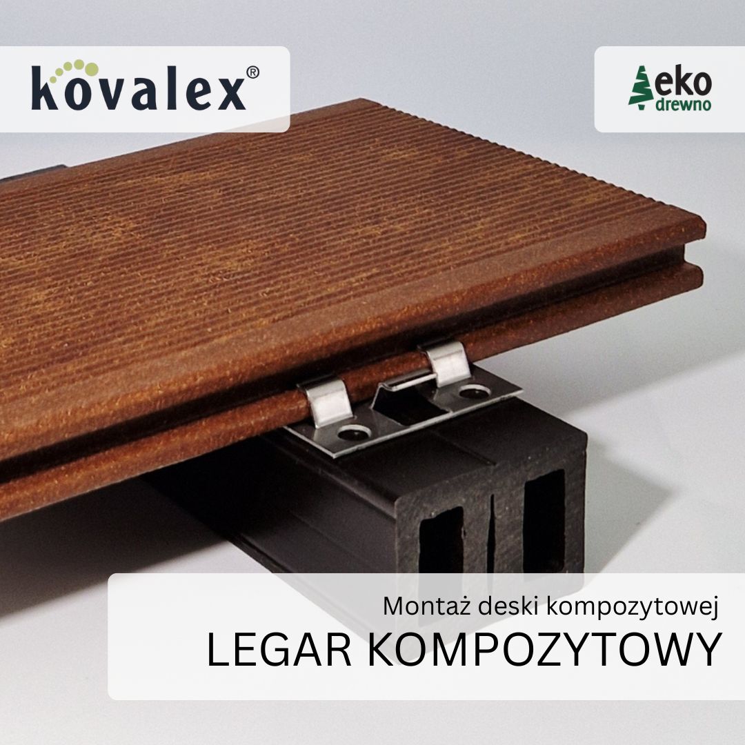 Montaż deski tarasowej kompozytowej WPC - legar kompozytowy 71815 klips 71240. Wysokość całej zabudowy mininum 58 mm. KOVALEX. EKODREWNO