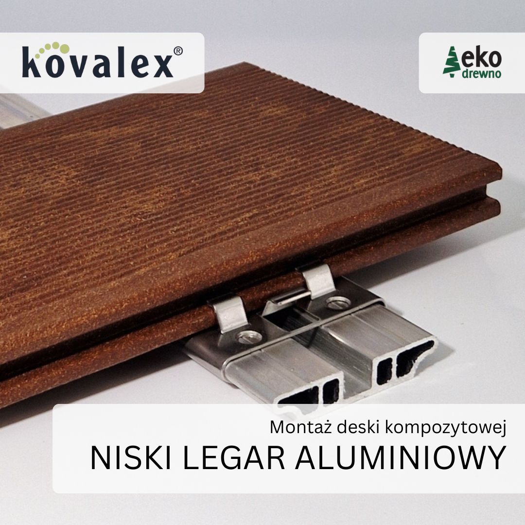 Montaż deski tarasowej kompozytowej WPC - niski legar aluminiowy 71132. Wysokość całej zabudowy mininum 30 mm. KOVALEX. EKODREWNO